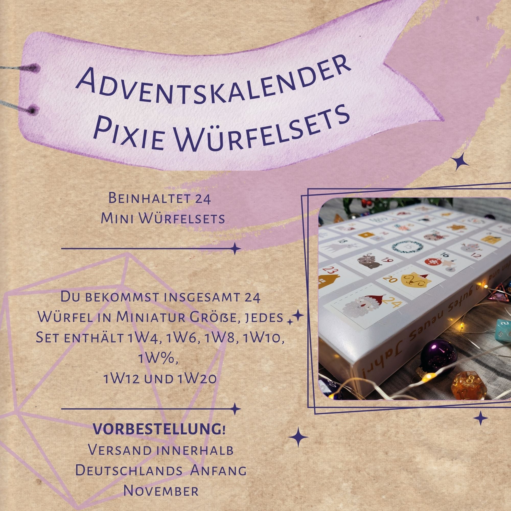 Würfel Adventskalender "Pixie Würfel" mit 24 Mini Würfelsets