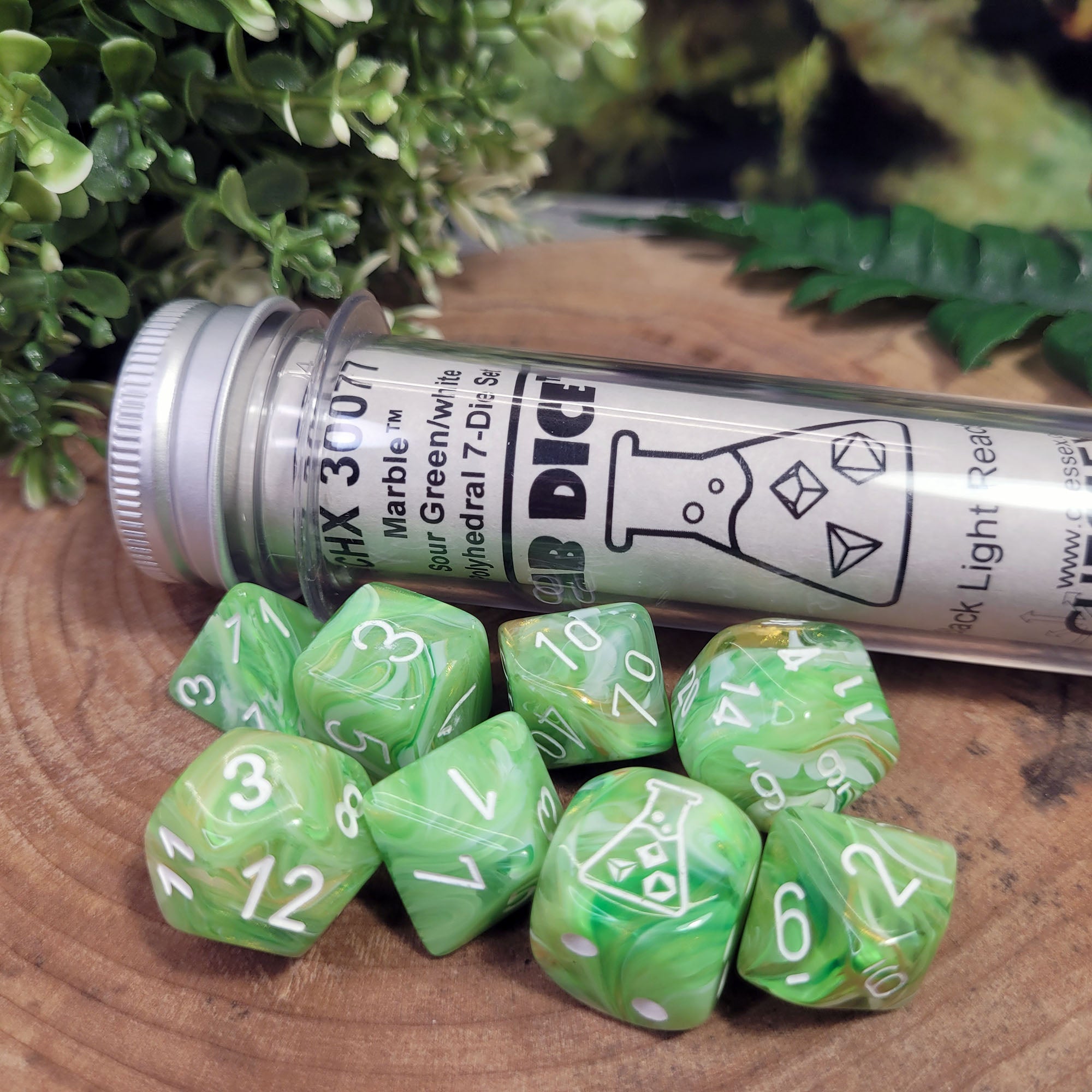 Lab Dice™: Marble® Polyhedral Sour Green/white 7+1-Die Set